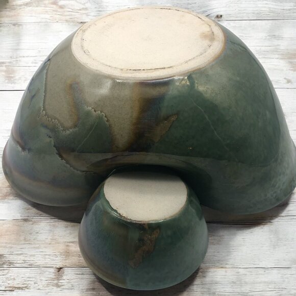 VTG Sage Green Large Chip & Dip Server 12” Swirling Snack Bowl Pottery Handmade - Picture 4 of 8